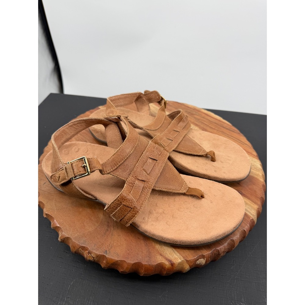 Vionic Lupe Slingback Sandals Women 9 Tan Leather Orthotic Thong Buckle Brown